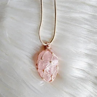 Raw Rose Quartz Macrame Necklace